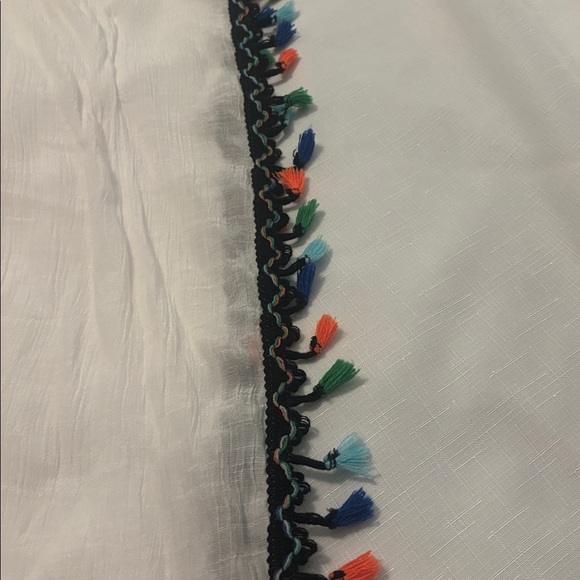 White Kaftan w/ Colorful Crochet Accents SZ L tassel outline swim coverup vacay - Picture 8 of 11